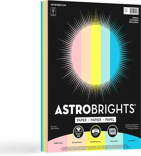 Astrobrights Papel de Color, 8.5" x 11", 24 lb/89 gsm, Surtido de 5 Colores "Sprinkle", 300 Hojas (94000)