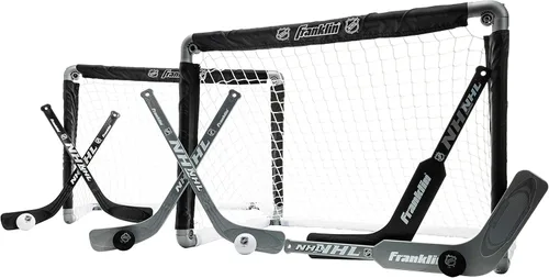 Franklin Sports NHL juego de portería de mini hockey para niños - (2) porterías mini + de rodilla, (4) palos para jóvenes, (2) palos de portero +