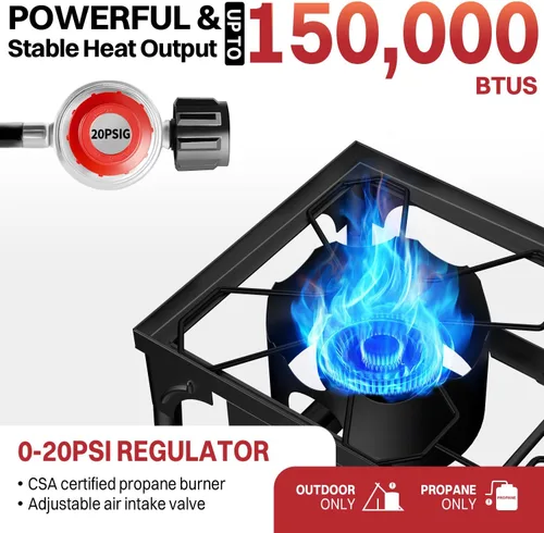 Vista 2 de Estufa de campamento de propano de 2 quemadores Quemadores de gas de alta presión de 150,000 BTU con regulador de 0-20 PSI Cubierta impermeable