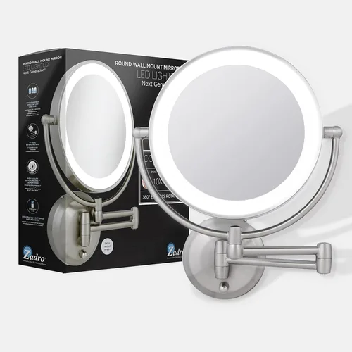 Vista 10 de Espejo LED pivotante de níquel satinado, amplio, con soporte de pared., Contemporáneo, Níquel Satinado