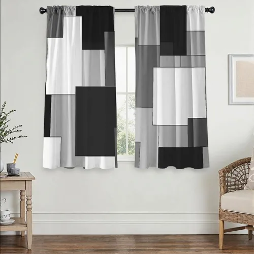 Cortinas negras y grises para sala de estar, 63 pulgadas de largo, cortinas geométricas modernas, negras, blancas, grises, abstractas, con bolsillo