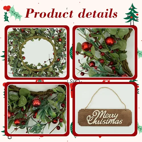 Vista 5 de YNYLCHMX Corona de Navidad de 20 pulgadas para puerta delantera, corona de invierno con letrero de bienvenida, hojas de eucalipto, bayas rojas