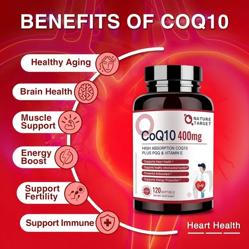 Vista 7 de NATURE TARGET CoQ10-400mg Plus PQQ con vitamina E y aceite de oliva orgánico - Coenzima-Q10 con BioPerine - Antioxidante de alta absorción