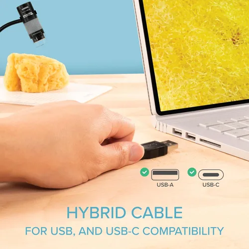 Vista 3 de Plugable Microscopio digital USB 250x, microcámara de 2MP con soporte de brazo flexible, microscopio USB y USB-C de mano para adultos y niños