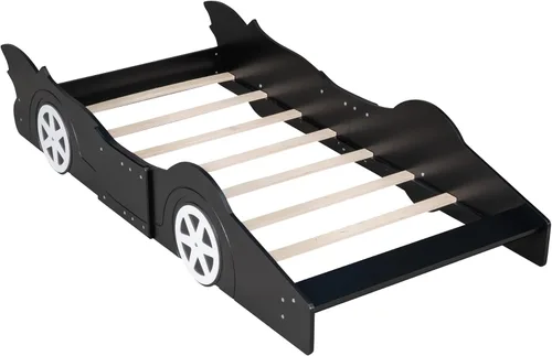 Vista 5 de Cama de plataforma en forma de auto de carreras con ruedas, cama de plataforma de madera tamaño individual con barandilla, cama de plataforma