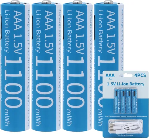 Baterías de litio recargables AAA - Paquete de 4 baterías de iones de litio recargables USB-C de 1.5V 1100mWh con cargador USB a tipo C 4 en 1,