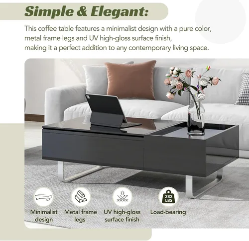 Vista 110 de Mesa auxiliar elevable, mesa auxiliar multifuncional con estantes abiertos, mesa de comedor moderna para sala de estar, oficina en casa (negro #004)