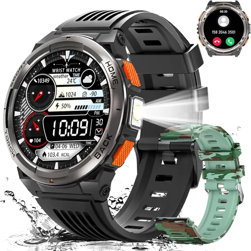 Vista 11 de KE5 Military Smart Watch for Men with Flashlight SOS 3ATM Waterproof Watch 530mAh Big Battery 1.45" Rugged Tactical Smartwatch with Compass