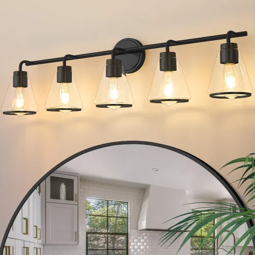 Vista 16 de Accesorios de iluminación de baño sobre espejo Luces de tocador doradas de 2 luces con pantalla de vidrio transparente de 14 pulgadas Luces