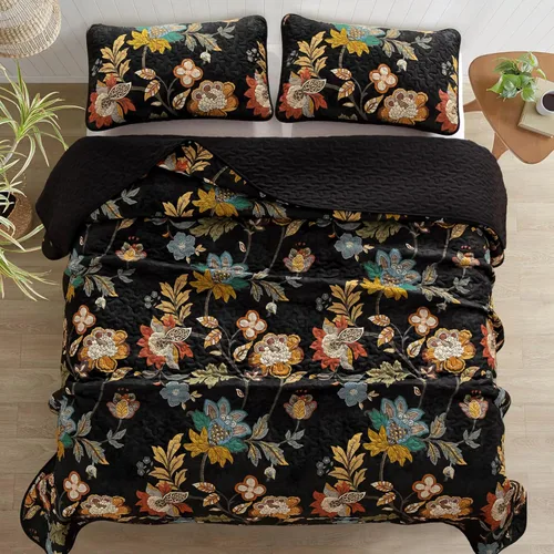 Vista 3 de WONGS BEDDING Juego de colcha tamaño Queen, juego de ropa de cama con estampado botánico negro, 3 piezas, colcha floral con 2 fundas de almohada