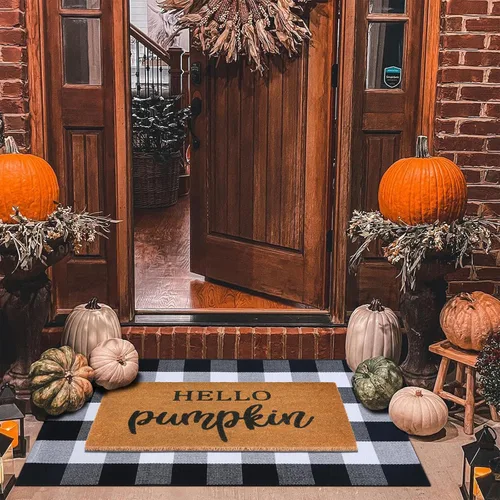 Juego combinado de tapetes de puerta de decoración de otoño, tapete de bienvenida 100% fibra de coco + alfombra a cuadros blancos y negros de 28 x