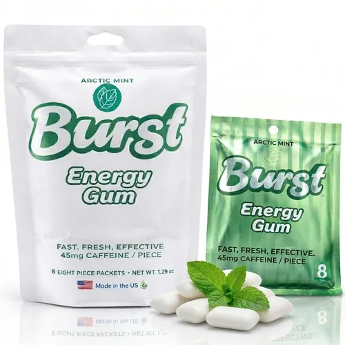 Burst Energy Gum 45 mg de cafeína por pieza, goma de mascar rápida, fresca y eficaz, goma de mascar de cafeína que apoya la concentración, la