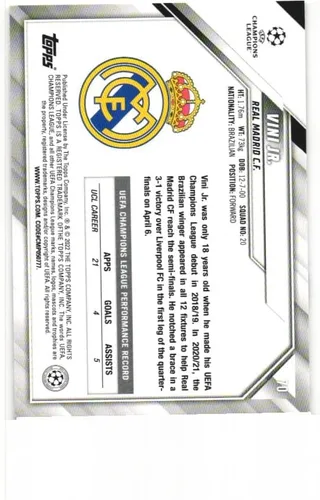Vista 2 de VINICIUS VINI JR JUNIOR 2021-22 Topps UEFA Champions League Soccer #70 Carta Brasil Real Madrid CF