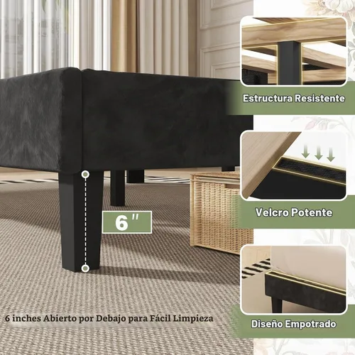 Vista 5 de SUNLEI Base de cama tamaño Queen con botón capitoné y tela de terciopelo, marco de cama con cabecera de almacenamiento con respaldo de ala, listones