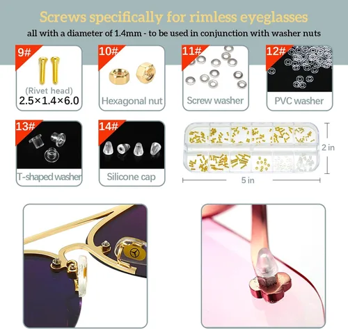 Vista 4 de Kit de reparación de lentes YEEMO - Kit de reparación de lentes con tornillos (dorado), almohadillas para la nariz para gafas, juego