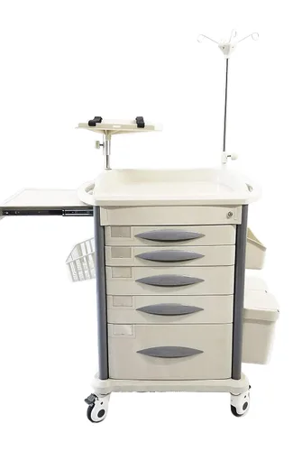 Vista 2 de Lite - Carrito móvil de emergencia con accesorios, poste IV, soporte O2, estante de escritura extendido, cable de alimentación y papelera