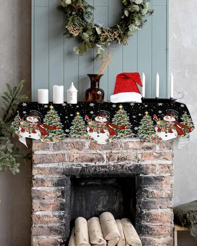 Vista 5 de Bufanda de mantel de Navidad de 60 x 17 pulgadas, decoración de mantel de Navidad negra para chimenea, decoración de día festivo, muñeco de nieve