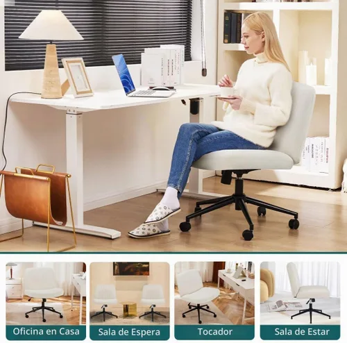 Vista 8 de Silla cruzada con ruedas, asiento ergonómico giratorio sin brazos, cómodo asiento de tocador, respaldo ancho y altura ajustable para hogar, oficina