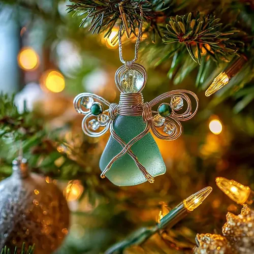 Vista 3 de Handmade Sea Glass Angel Ornament, 2026 Coastal Christmas Tree Decoration, 2D Ocean-Inspired Holiday Ornament, Unique Gift for Beach Lovers(Green)