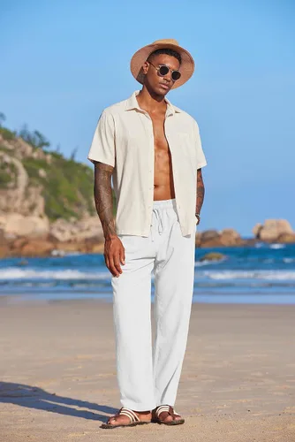 Vista 4 de COOFANDY Pantalones de lino de verano para hombre, ligeros, casuales, con cintura elástica, con cordón