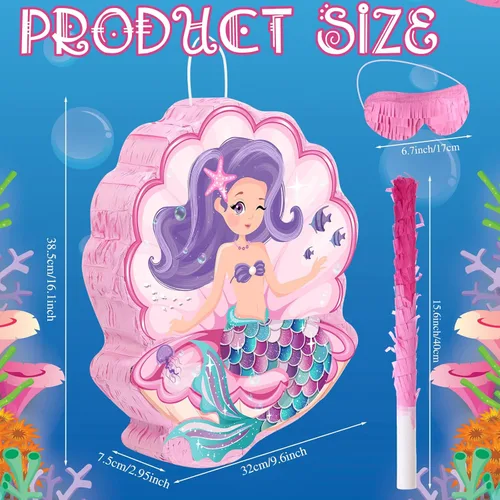 Vista 2 de Piñata de concha para fiesta de cumpleaños de sirena, piñata temática de mar con palo, venda y confeti para decoración de cumpleaños de sirena