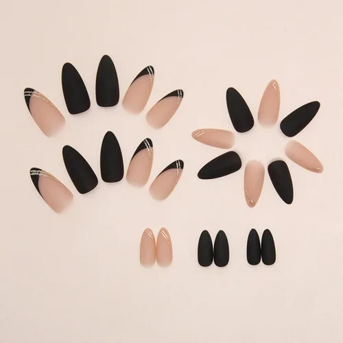 Vista 3 de Uñas postizas a presión de punta francesa medianas, uñas postizas negras oblicuas francesas a presión con diseños de hilo dorado con purpurina