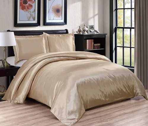 Vista 3 de Juego de funda de edredón de 3 piezas (1 funda de edredón + 2 fundas de almohada), seda satinada de lujo, 100% poliéster súper suave, colección