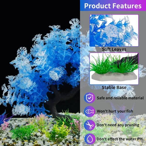 Vista 3 de MyLifeUNIT Decoraciones de Pecera, Paquete de 15 Plantas Artificiales de Acuario Conjunto de Árboles para Decoración de Tanque de Peces