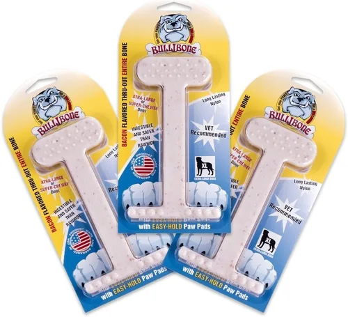 Vista 29 de Bullibone Juguete masticable de nailon para perros masticadores agresivos, hueso de higiene dental con sabor a tocino, juguetes duraderos