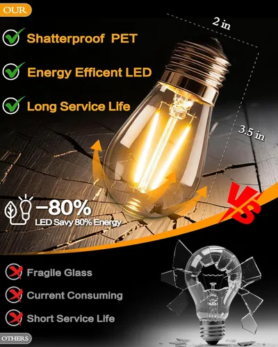 Vista 6 de Tira de luces LED superbrillantes para exteriores, bombillas S14 de 48 pies (1 repuesto), IP65 impermeable, grado comercial e inastillable