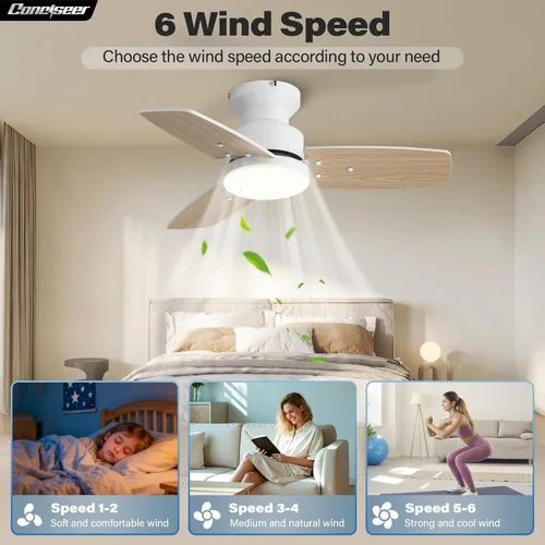 Vista 3 de Conciseer Ventiladores de techo de 30 pulgadas con luces y control remoto, dormitorio, sala de estar, oficina, montaje empotrado, regulable 3CCT, 3