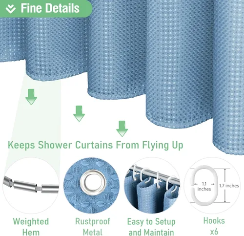 Vista 513 de Cortina de ducha de tela Dynamene verde oscuro - Cortinas de baño de tela de nido de abeja texturizadas resistentes, juego de cortinas de baño