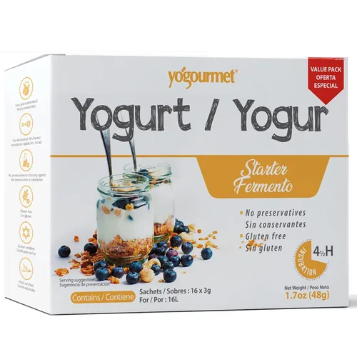Yogourmet Iniciador de Yogur (Paquete de 16) - Haz Yogur en Casa - Cultura Inicial - Todo Natural, Sin Gluten, Kosher, Halal - Sachets de 3 g