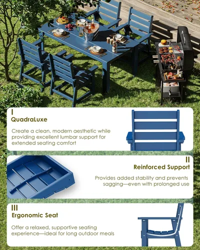 Vista 5 de GREENVINES Juego de 2 sillas de comedor para exteriores HDPE Silla de patio Todo clima Azul