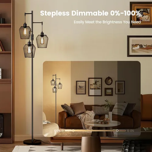 Vista 4 de SIBRILLE Lámpara de pie regulable, lámpara de pie industrial de granja con elegante jaula y 3 bombillas LED de 1000LM, lámpara de pie alta y negra