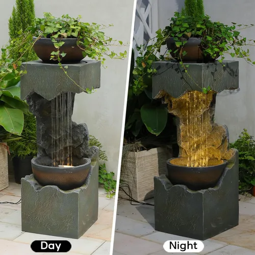 Vista 7 de Bumilgar 95 cm H Fuente de agua de jardín de 2 niveles con forma de cuenco de lluvia con luces LED y guijarros, moderna cascada de piedra agrietada