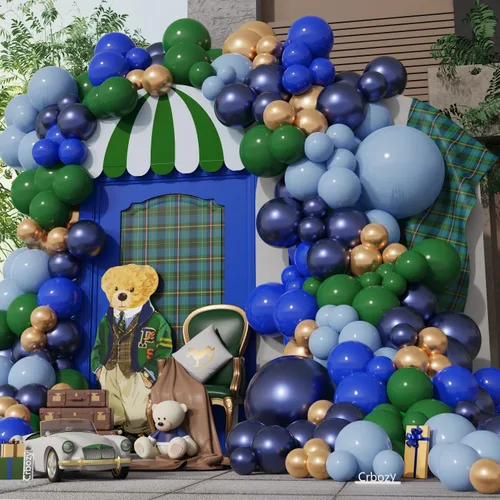 Kit de arco de globos de color azul polvoriento, 165 piezas de decoración de oso para baby shower con globos de látex azul real, verde, dorado