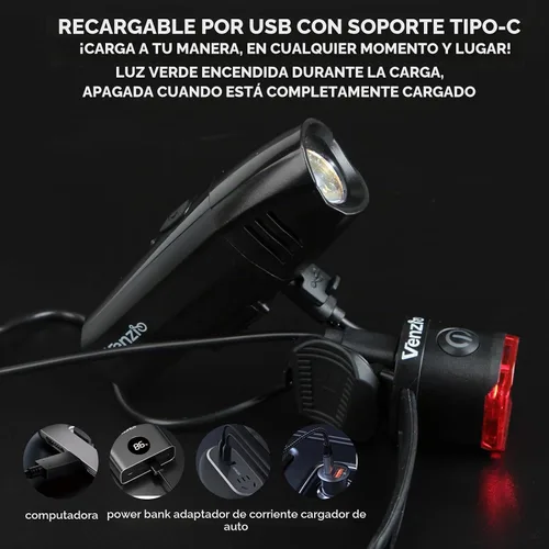 Vista 2 de Venzio Luces de bicicleta, faros y luces traseras recargables USB-C para bicicleta, luces delanteras y traseras de bicicleta de 6+2 modos