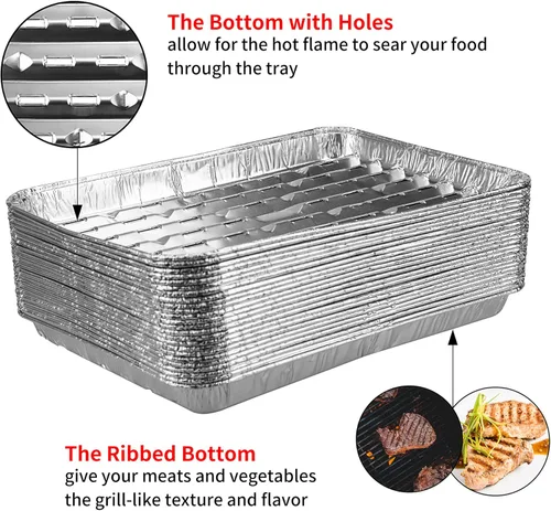 Vista 2 de Paquete de 30 cubiertas desechables para parrilla, sartenes de aluminio con agujeros, accesorios de parrilla para barbacoa, cocina al aire libre