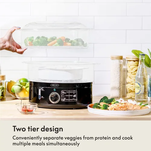 Vista 3 de BELLA - Vaporizador de alimentos de dos niveles con canastas apilables y base removible para cocción simultánea rápida - Apagado automático