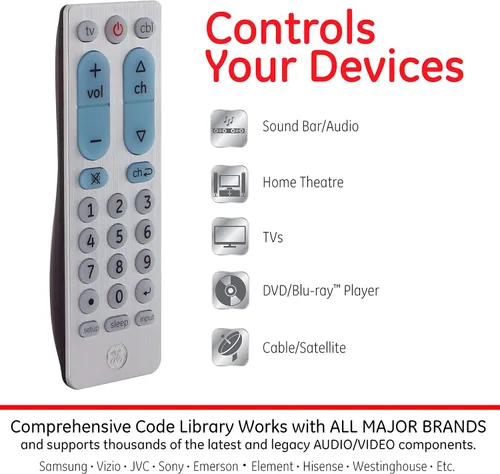 Vista 2 de GE Control remoto universal de 2 dispositivos, funciona con televisores inteligentes, LG, Sony, Blu Ray, DVD, DVR, Roku, Apple TV y otros