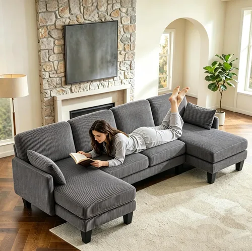 Vista 10 de VINGLI Sofá modular de 110 pulgadas para sala de estar, sofá en forma de U con diván doble, juego de sofá de 4 asientos con tela de felpilla