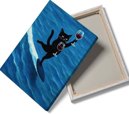 Vista 9 de Divertido arte de pared de gato negro con impresión de lienzo de copa de vino, decoración de carrito de bar, pósteres modernos de animales