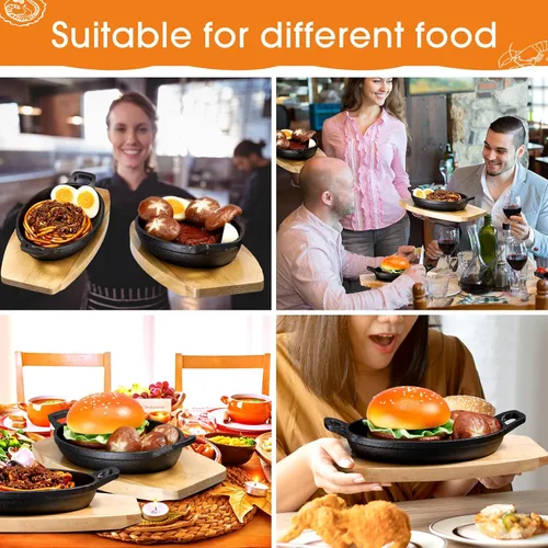 Vista 4 de Mifoci 2 piezas de mini sartén de hierro fundido con base de madera, pequeños platos de fajita de hierro fundido, sartén para panadero, olla negra
