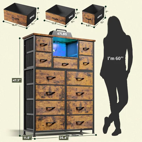 Vista 3 de Romorgniz Cómoda para dormitorio con 13 cajones de tela, aparadores con LED y 4 puertos de carga, cómoda de 47 pulgadas de alto con estantes