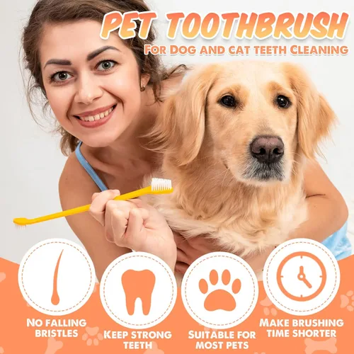 Vista 5 de Potchen 100 cepillos de dientes para perros, kit de cepillo de dientes de doble cabeza para mascotas, cerdas suaves, mango largo, doble cara