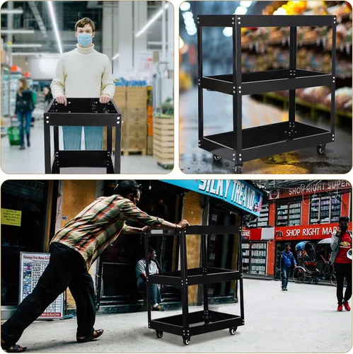 Vista 4 de Menkxi Carrito utilitario multiusos de 3 niveles con ruedas bloqueables y asa, carritos de metal negro con ruedas para el hogar, oficina, cocina