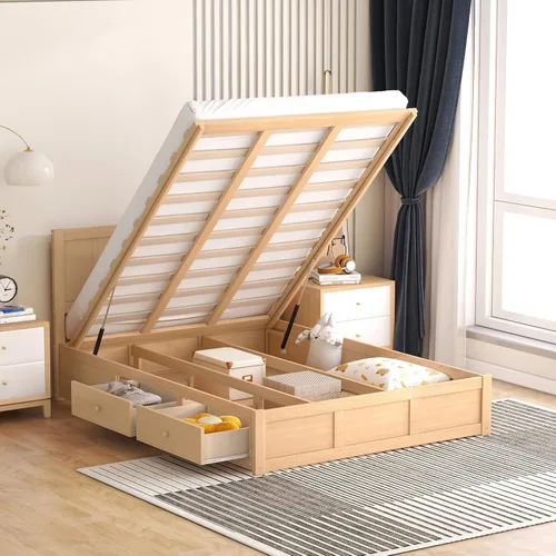 Vista 17 de RUNNA Elegante cama de plataforma de tamaño Queen con estantes extraíbles, cama de almacenamiento de madera con nido de tamaño individual