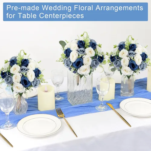 Vista 6 de Ramos para dama de honor para boda - Ramo de flores artificiales de 7 pulgadas para fiesta, ceremonia, aniversario, centros de mesa para mesa de Azul