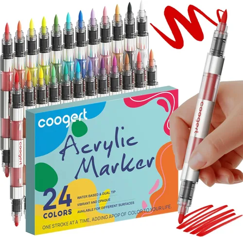 Vista 7 de Coogert 12 Automatic Ink Control Acrylic Paint Markers Dual Tip, No Bleed Brush Medium Tip Acrylic Paint Pens For Rock Painting, Wood, Fabric